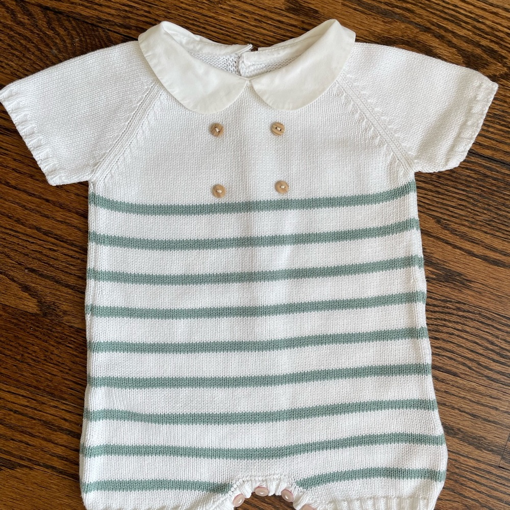 La Coqueta White and Sage Green Stripe Cotton Knitted Playsuit Size 6M